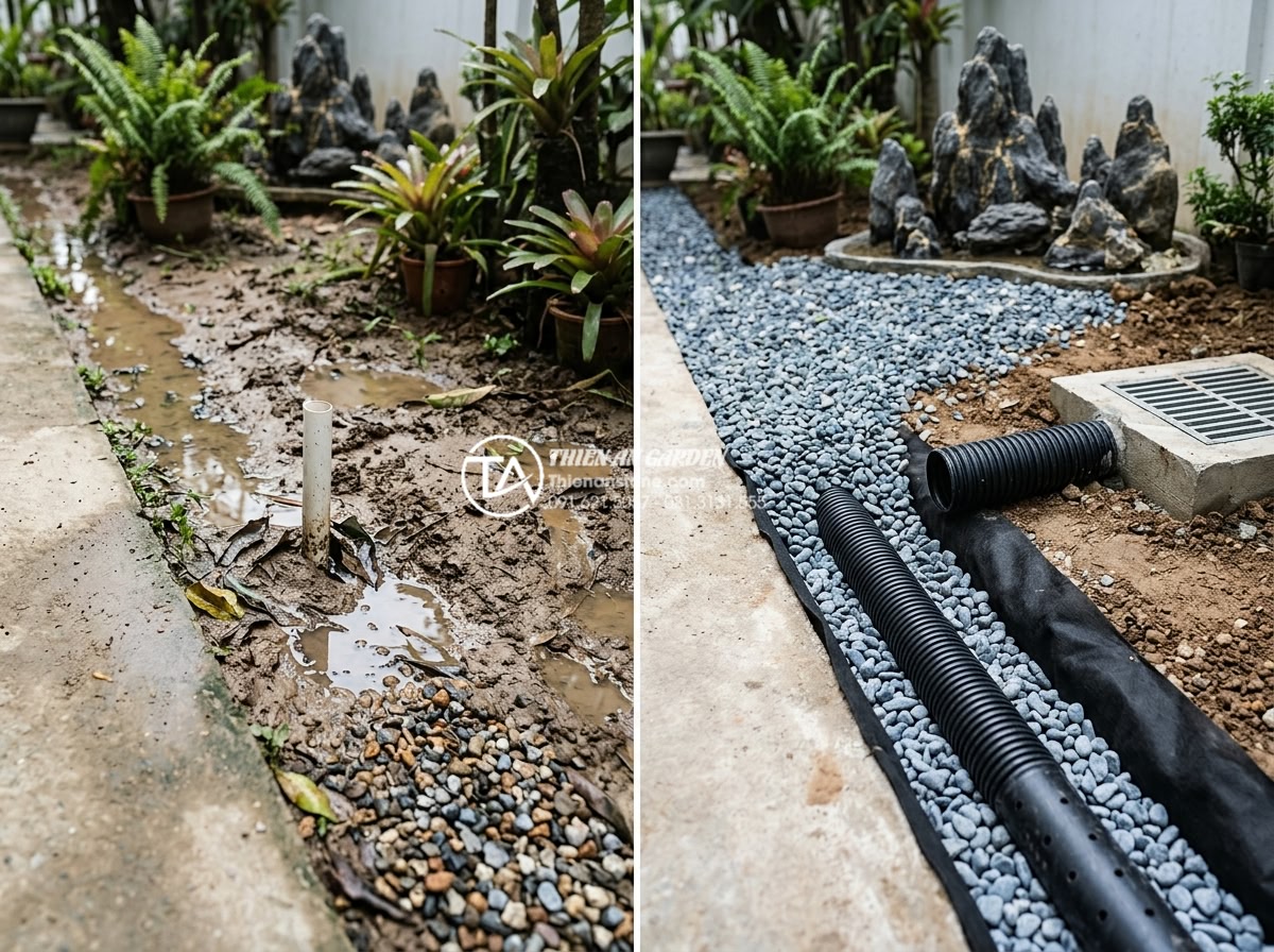 Hướng dẫn xử lý hệ thống thoát nước cho tiểu cảnh bồn gốc cây - Hình 15 Hướng dẫn xử lý hệ thống thoát nước cho tiểu cảnh bồn gốc cây - Common drainage errors illustrated with fixes like pipe size upgrade and geotext