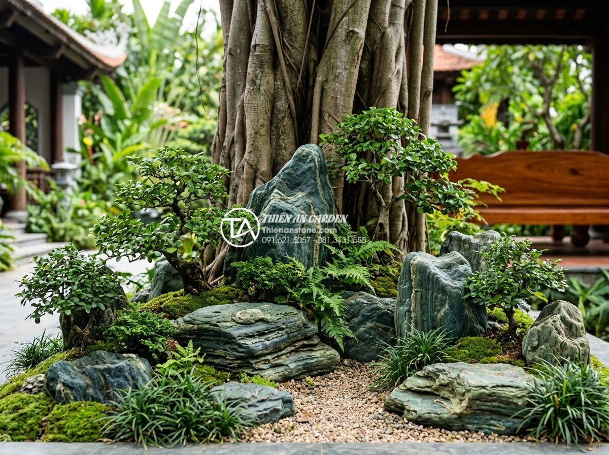 Hướng dẫn xử lý hệ thống thoát nước cho tiểu cảnh bồn gốc cây - Hình 17 Hướng dẫn xử lý hệ thống thoát nước cho tiểu cảnh bồn gốc cây - Luxurious completed tree base miniature landscape with perfect drainage and thri