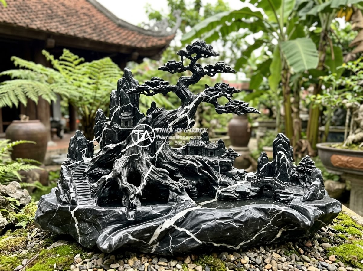Hướng dẫn xử lý hệ thống thoát nước cho tiểu cảnh bồn gốc cây - Hình 18 Hướng dẫn xử lý hệ thống thoát nước cho tiểu cảnh bồn gốc cây - Wide angle view of beautiful stone-carved tree basin miniature scene with integr