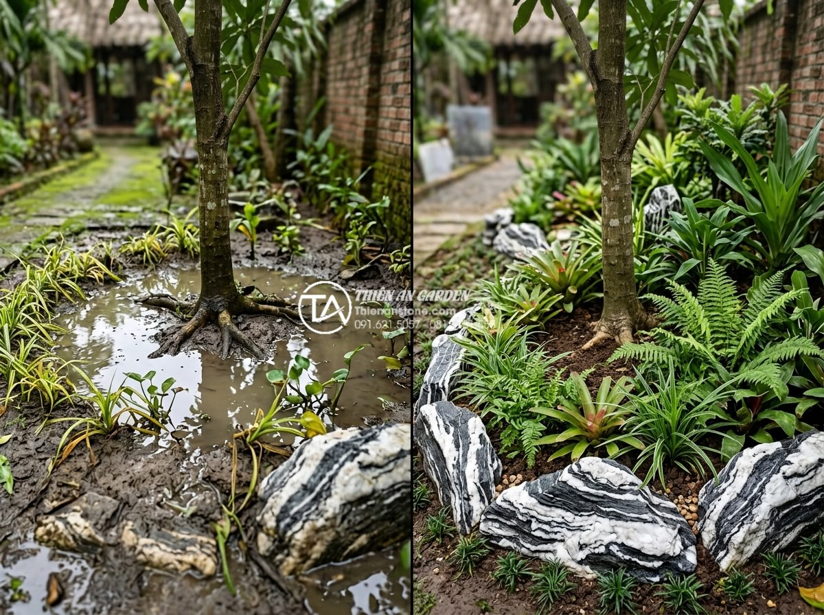 Hướng dẫn xử lý hệ thống thoát nước cho tiểu cảnh bồn gốc cây - Hình 2 Hướng dẫn xử lý hệ thống thoát nước cho tiểu cảnh bồn gốc cây - Before and after comparison of tree root basin drainage system showing healthy p