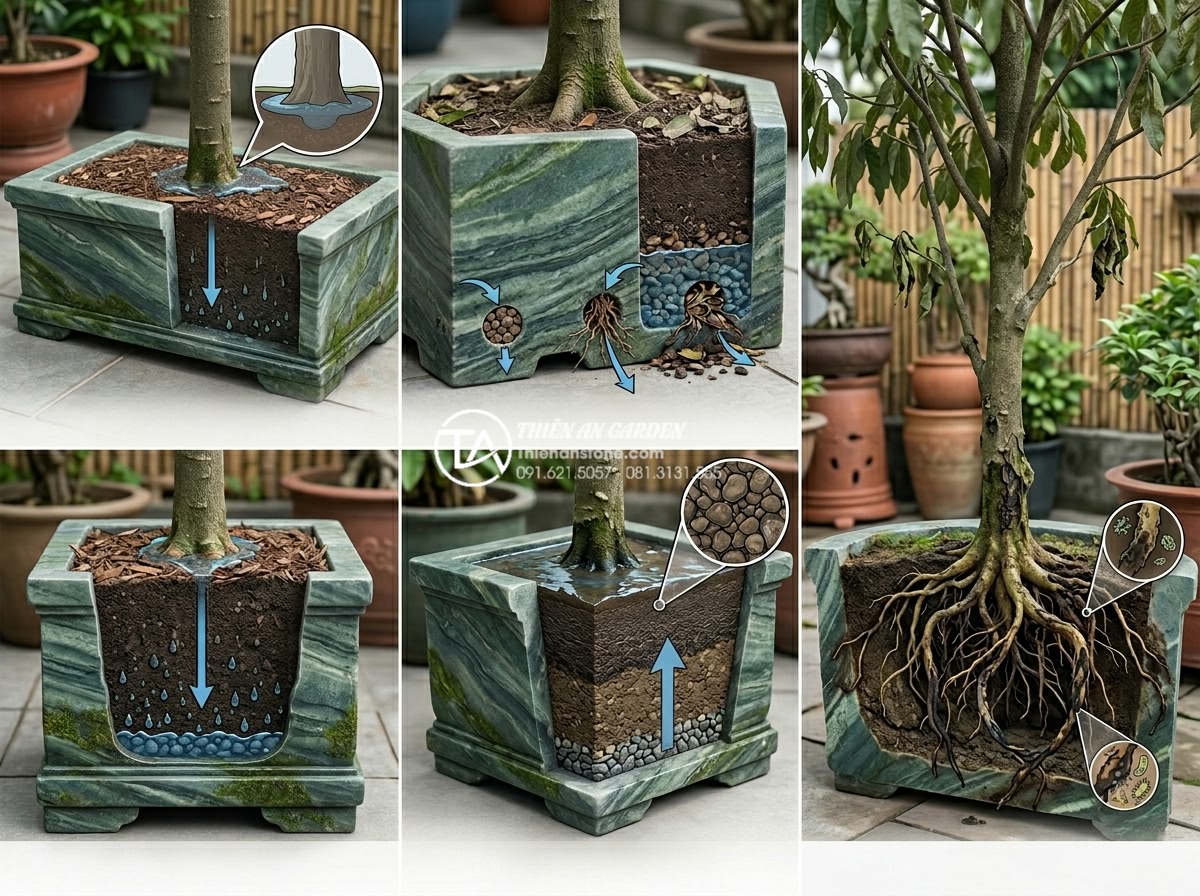 Hướng dẫn xử lý hệ thống thoát nước cho tiểu cảnh bồn gốc cây - Hình 3 Hướng dẫn xử lý hệ thống thoát nước cho tiểu cảnh bồn gốc cây - Diagram showing common mistakes in tree base planter drainage like missing slope