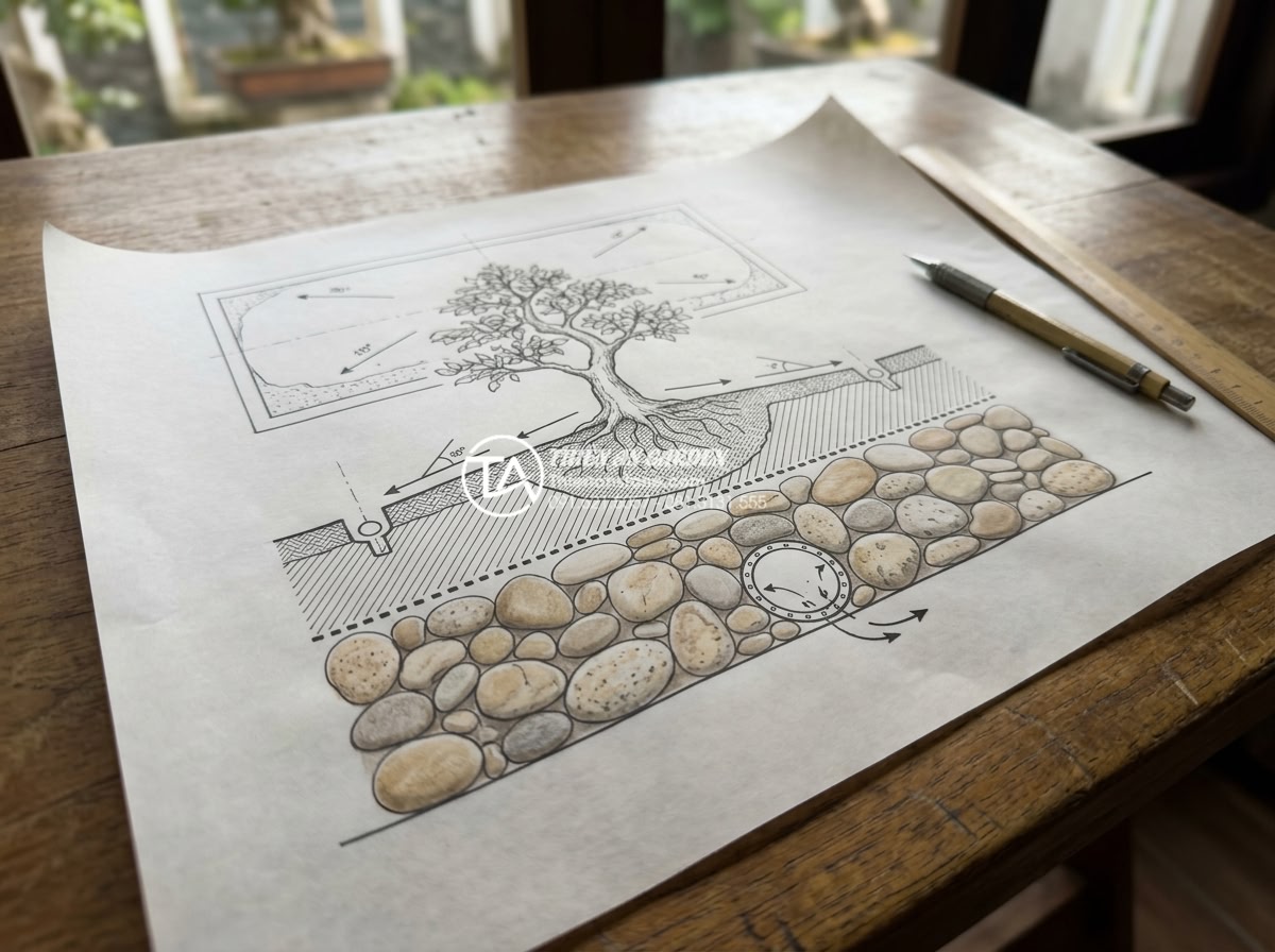 Hướng dẫn xử lý hệ thống thoát nước cho tiểu cảnh bồn gốc cây - Hình 5 Hướng dẫn xử lý hệ thống thoát nước cho tiểu cảnh bồn gốc cây - Technical blueprint of ideal drainage design for tree base miniature landscape i