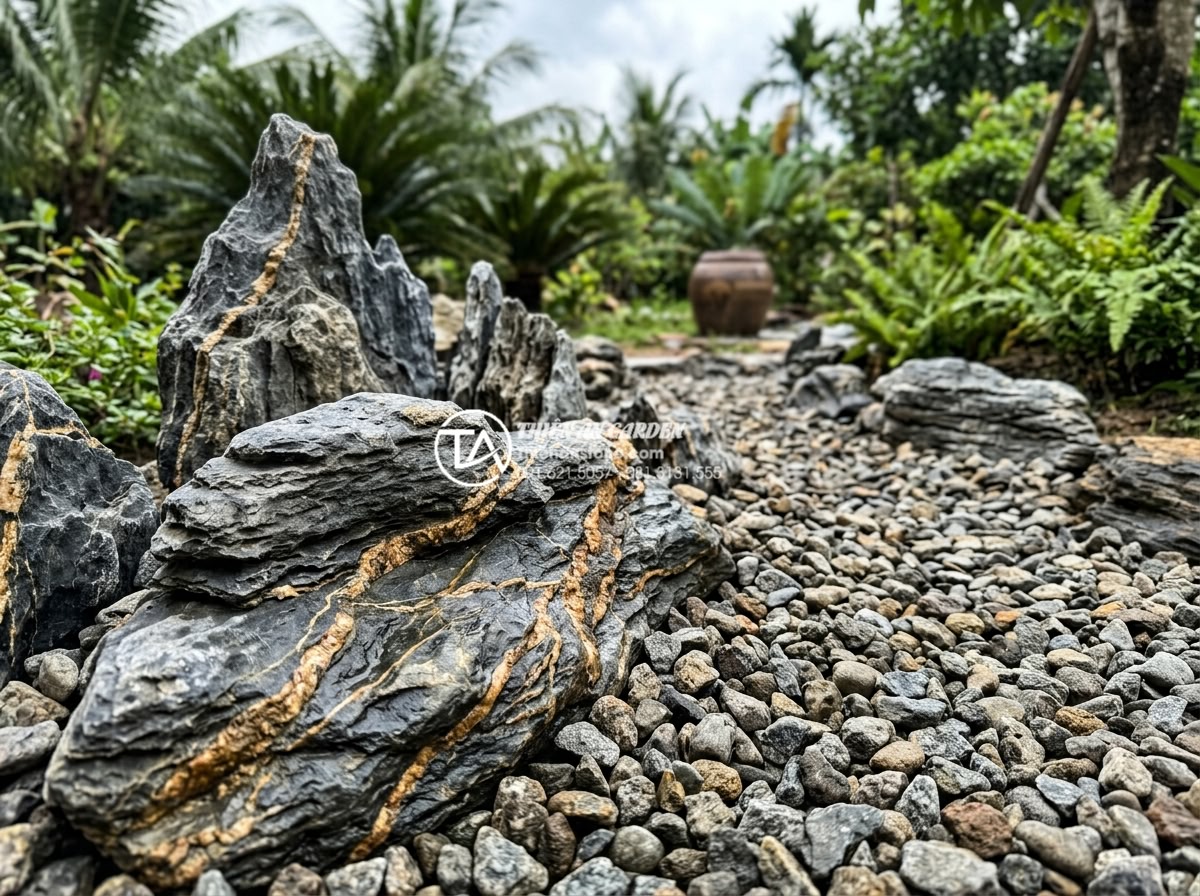 Hướng dẫn xử lý hệ thống thoát nước cho tiểu cảnh bồn gốc cây - Hình 8 Hướng dẫn xử lý hệ thống thoát nước cho tiểu cảnh bồn gốc cây - High-quality natural stone and gravel materials arranged for drainage layer prep