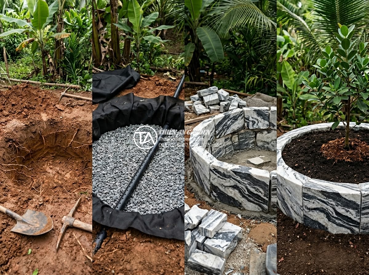 Hướng dẫn xử lý hệ thống thoát nước cho tiểu cảnh bồn gốc cây - Hình 9 Hướng dẫn xử lý hệ thống thoát nước cho tiểu cảnh bồn gốc cây - Step-by-step construction sequence of stone tree base basin with drainage instal