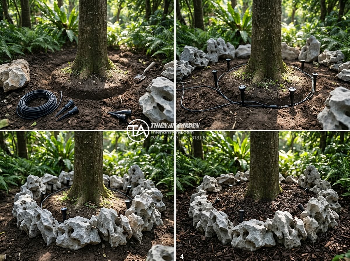 Kết hợp đèn sân vườn cho tiểu cảnh gốc cây: Bí quyết lung linh về đêm - Step by step professional installation of garden lights around tree base with na
