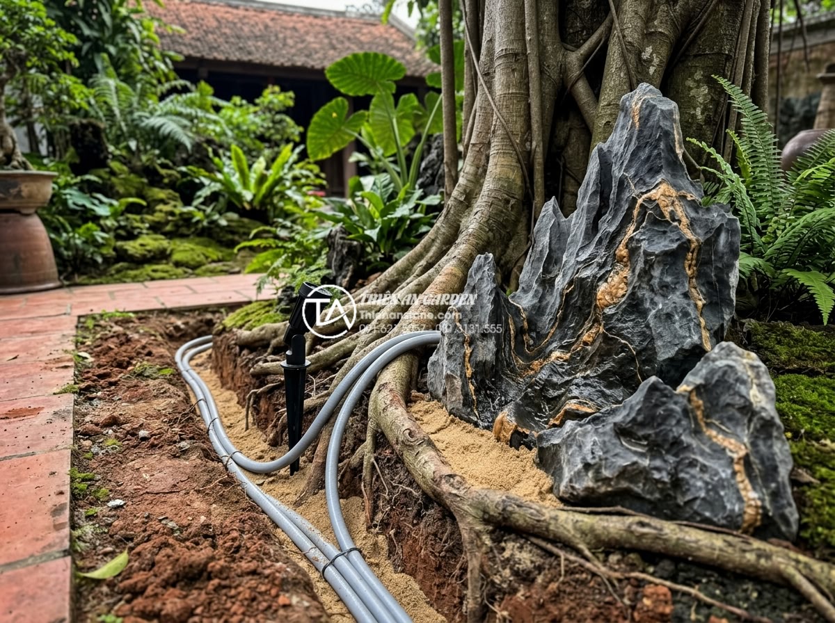 Kết hợp đèn sân vườn cho tiểu cảnh gốc cây: Bí quyết lung linh về đêm - Safe electrical installation process for outdoor garden lighting near tree roots