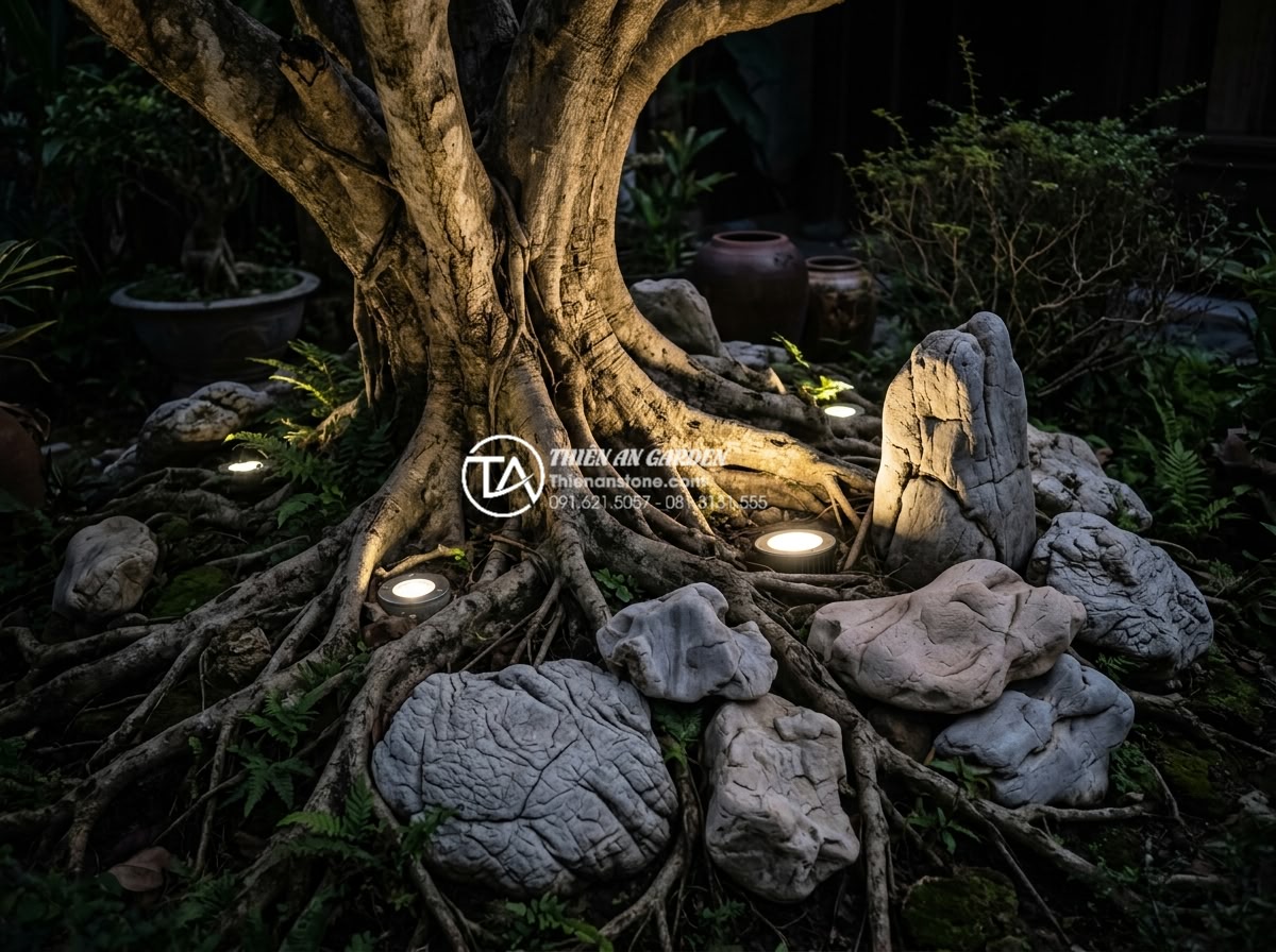 Kết hợp đèn sân vườn cho tiểu cảnh gốc cây: Bí quyết lung linh về đêm - Detailed photo of LED spotlight and recessed ground lights installed around tree