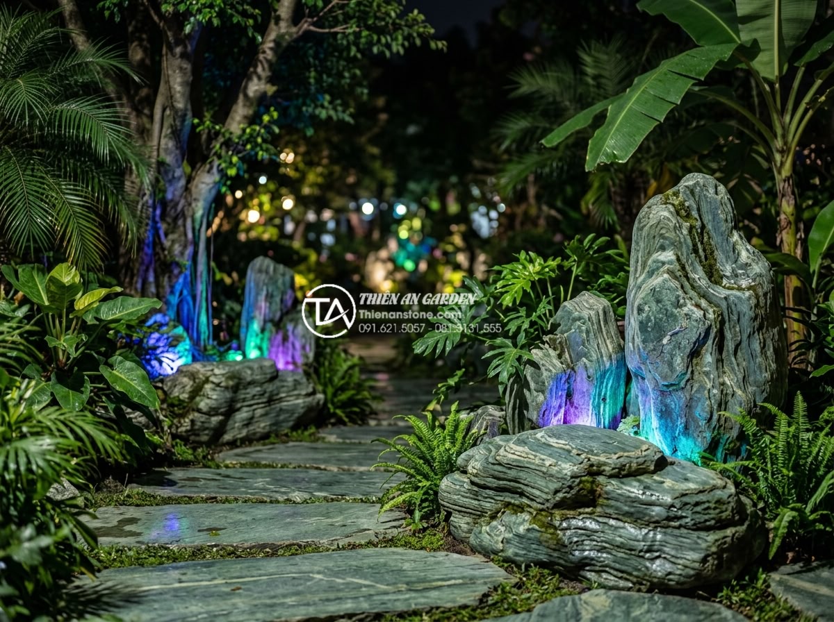 Kết hợp đèn sân vườn cho tiểu cảnh gốc cây: Bí quyết lung linh về đêm - Magical night garden with multi-color LED lights creating glowing effects on tre