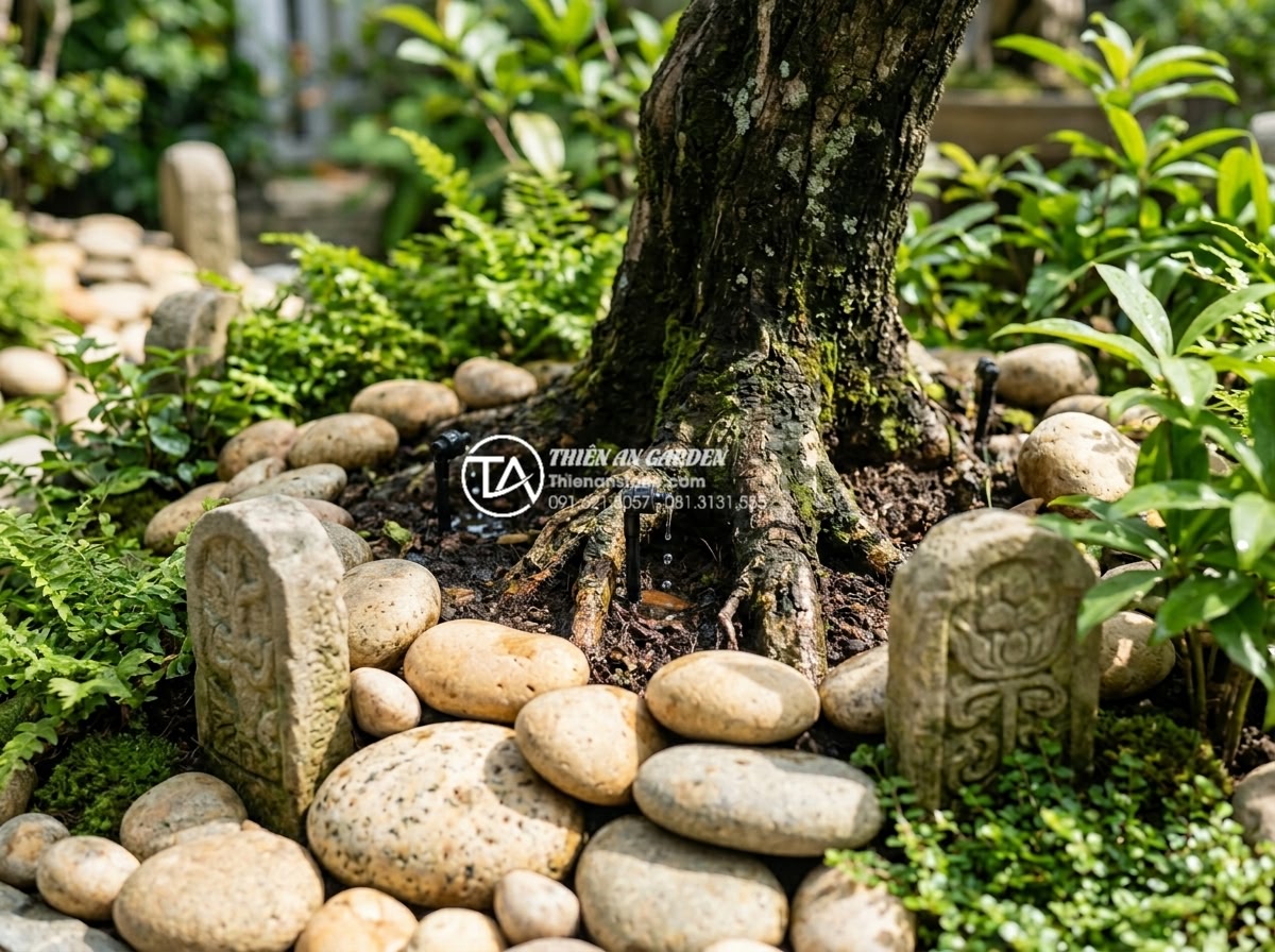 Lắp đặt hệ thống tưới nhỏ giọt cho tiểu cảnh dưới gốc cây: Hiệu quả và thẩm mỹ - Hình 1 Lắp đặt hệ thống tưới nhỏ giọt cho tiểu cảnh dưới gốc cây: Hiệu quả và thẩm mỹ - Detailed close-up view of a professional drip irrigation system installed around