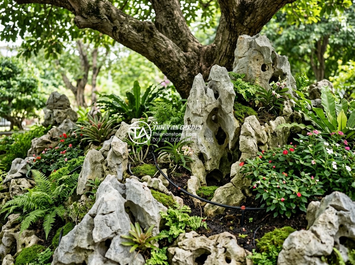 Lắp đặt hệ thống tưới nhỏ giọt cho tiểu cảnh dưới gốc cây: Hiệu quả và thẩm mỹ - Hình 10 Lắp đặt hệ thống tưới nhỏ giọt cho tiểu cảnh dưới gốc cây: Hiệu quả và thẩm mỹ - Vibrant green foliage and flowering plants in a well-maintained drip-irrigated u