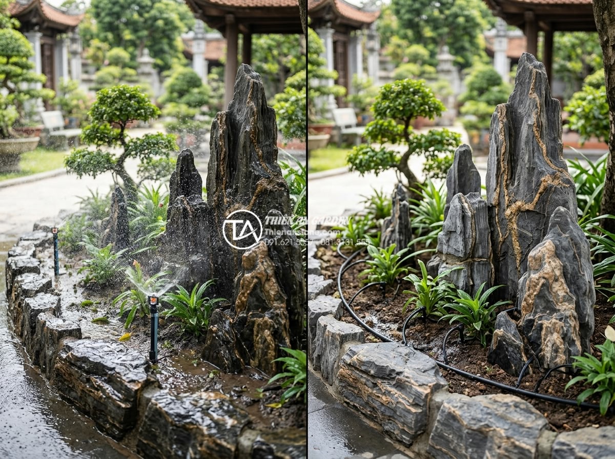 Lắp đặt hệ thống tưới nhỏ giọt cho tiểu cảnh dưới gốc cây: Hiệu quả và thẩm mỹ - Hình 11 Lắp đặt hệ thống tưới nhỏ giọt cho tiểu cảnh dưới gốc cây: Hiệu quả và thẩm mỹ - Side-by-side comparison image of different irrigation methods applied to similar