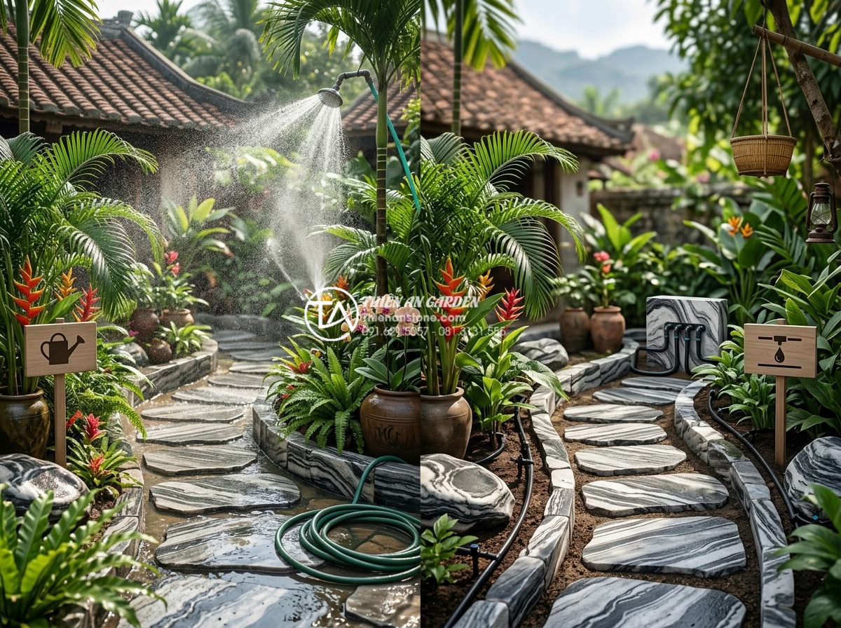 Lắp đặt hệ thống tưới nhỏ giọt cho tiểu cảnh dưới gốc cây: Hiệu quả và thẩm mỹ - Hình 12 Lắp đặt hệ thống tưới nhỏ giọt cho tiểu cảnh dưới gốc cây: Hiệu quả và thẩm mỹ - Visual comparison chart rendered as garden scene contrasting traditional waterin