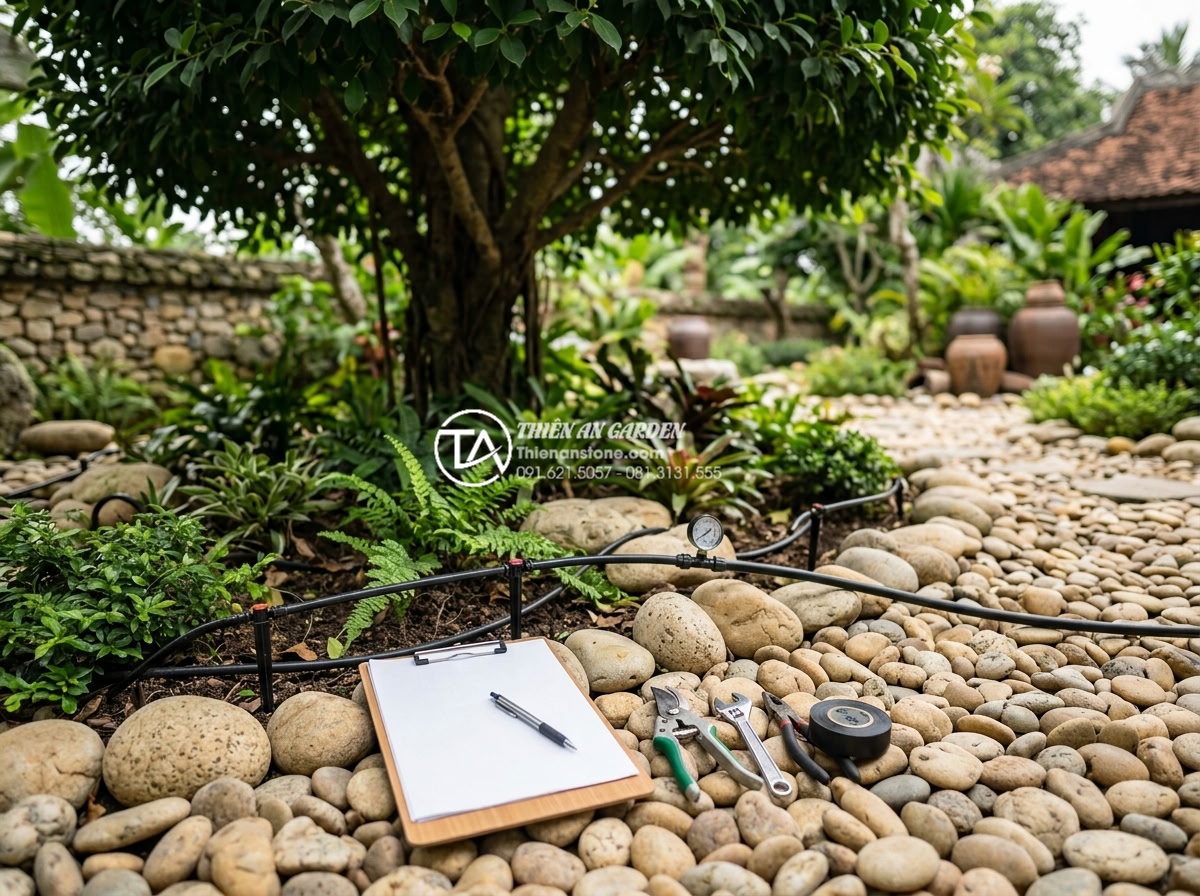 Lắp đặt hệ thống tưới nhỏ giọt cho tiểu cảnh dưới gốc cây: Hiệu quả và thẩm mỹ - Hình 15 Lắp đặt hệ thống tưới nhỏ giọt cho tiểu cảnh dưới gốc cây: Hiệu quả và thẩm mỹ - Maintenance worker inspecting drip irrigation system in beautiful stone garden u