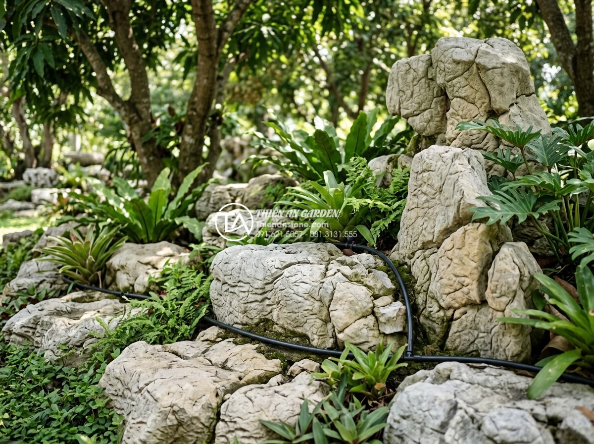 Lắp đặt hệ thống tưới nhỏ giọt cho tiểu cảnh dưới gốc cây: Hiệu quả và thẩm mỹ - Hình 16 Lắp đặt hệ thống tưới nhỏ giọt cho tiểu cảnh dưới gốc cây: Hiệu quả và thẩm mỹ - Long-term well-maintained drip irrigation setup in mature under-tree rockery lan