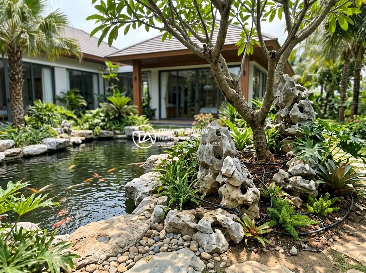 Lắp đặt hệ thống tưới nhỏ giọt cho tiểu cảnh dưới gốc cây: Hiệu quả và thẩm mỹ - Hình 17 Lắp đặt hệ thống tưới nhỏ giọt cho tiểu cảnh dưới gốc cây: Hiệu quả và thẩm mỹ - Real project photo of completed luxury villa garden with drip irrigation enabled