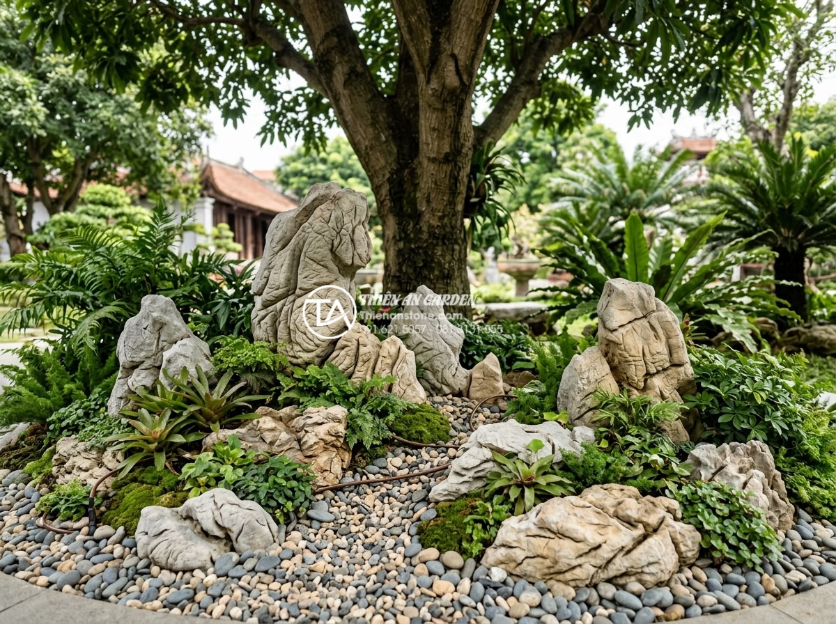 Lắp đặt hệ thống tưới nhỏ giọt cho tiểu cảnh dưới gốc cây: Hiệu quả và thẩm mỹ - Hình 2 Lắp đặt hệ thống tưới nhỏ giọt cho tiểu cảnh dưới gốc cây: Hiệu quả và thẩm mỹ - Wide angle photograph of an elegant under-tree mini landscape featuring natural
