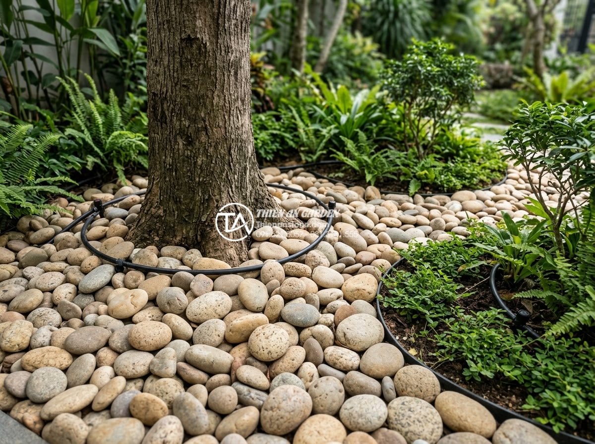 Lắp đặt hệ thống tưới nhỏ giọt cho tiểu cảnh dưới gốc cây: Hiệu quả và thẩm mỹ - Hình 8 Lắp đặt hệ thống tưới nhỏ giọt cho tiểu cảnh dưới gốc cây: Hiệu quả và thẩm mỹ - High-end garden scene showcasing seamless blend of drip irrigation, lush plants,