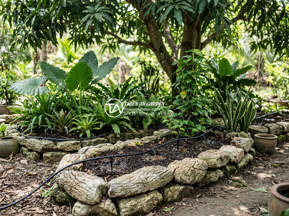 Lắp đặt hệ thống tưới nhỏ giọt cho tiểu cảnh dưới gốc cây: Hiệu quả và thẩm mỹ - Hình 9 Lắp đặt hệ thống tưới nhỏ giọt cho tiểu cảnh dưới gốc cây: Hiệu quả và thẩm mỹ - Healthy thriving plants in stone-bordered beds under tree with active drip irrig