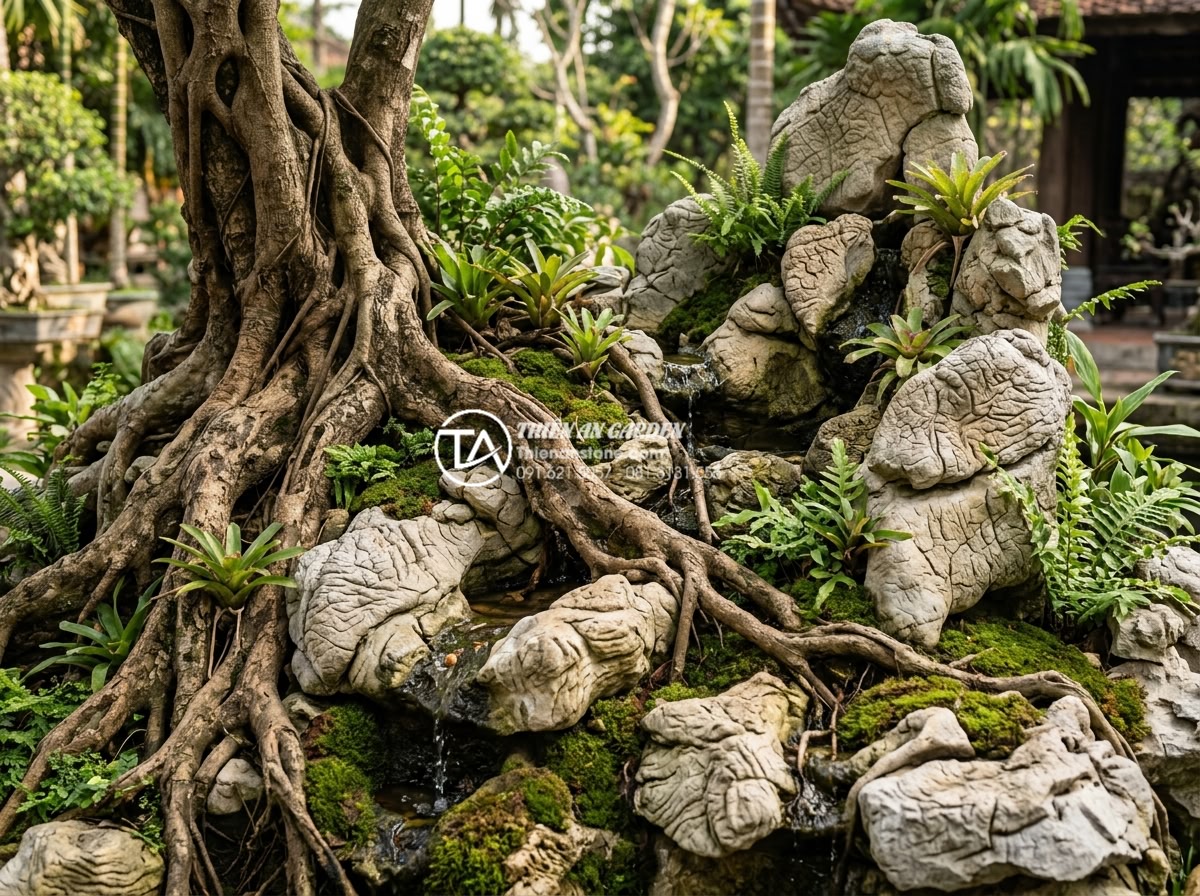 Mẫu tiểu cảnh dưới gốc cây khế: Biến gốc cây già thành tác phẩm nghệ thuật - Hình 2 Mẫu tiểu cảnh dưới gốc cây khế: Biến gốc cây già thành tác phẩm nghệ thuật - Detailed realistic photograph of the intricate root system of an old starfruit t