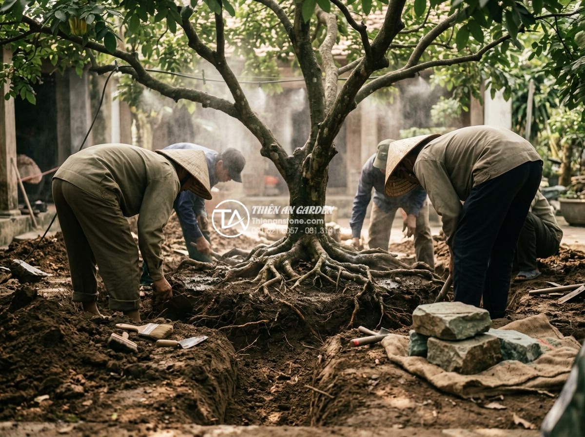 Mẫu tiểu cảnh dưới gốc cây khế: Biến gốc cây già thành tác phẩm nghệ thuật - Hình 6 Mẫu tiểu cảnh dưới gốc cây khế: Biến gốc cây già thành tác phẩm nghệ thuật - Step-by-step professional construction process of a starfruit tree root miniatur