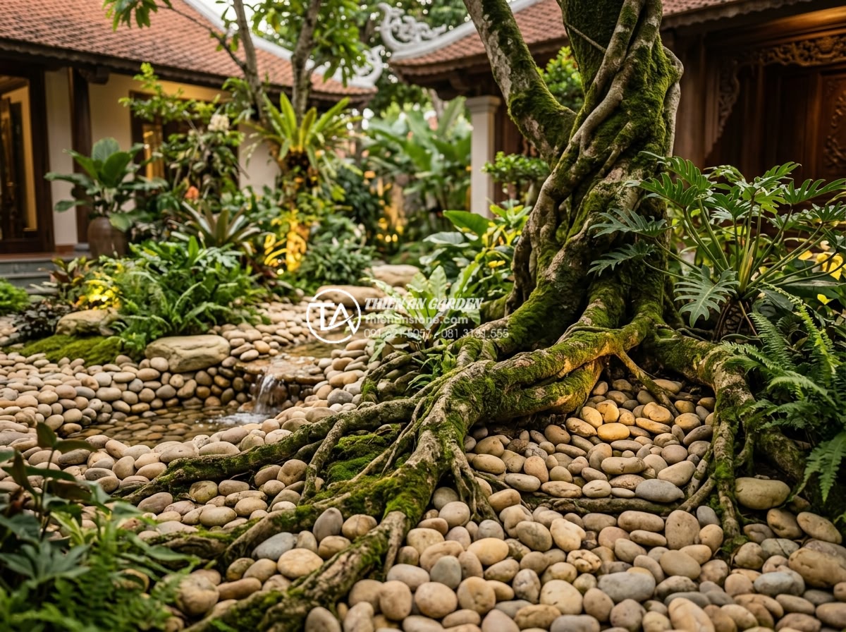 Mẫu tiểu cảnh dưới gốc cây khế: Biến gốc cây già thành tác phẩm nghệ thuật - Hình 8 Mẫu tiểu cảnh dưới gốc cây khế: Biến gốc cây già thành tác phẩm nghệ thuật - Serene evening scene of a starfruit tree root artistic landscape in a luxury Vie