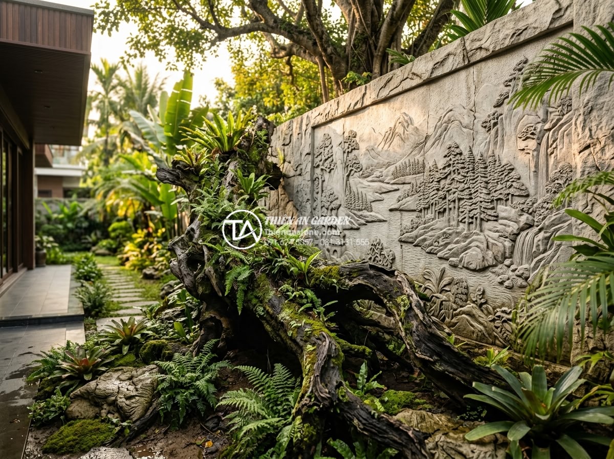 Mẫu tiểu cảnh gốc cây kết hợp tranh đá ốp tường độc đáo - Photorealistic professional photograph of a luxurious modern Vietnamese villa ba