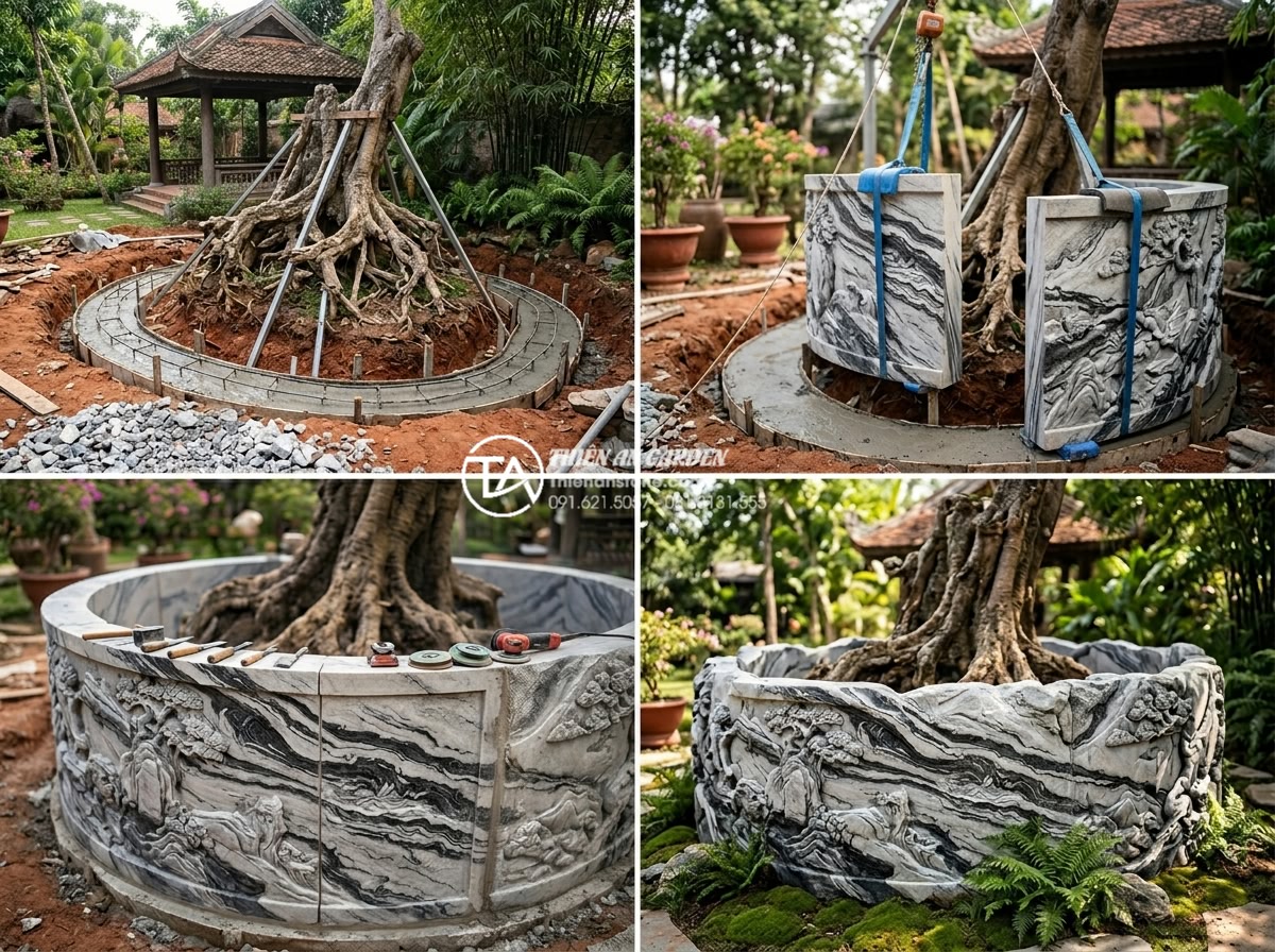 Mẫu tiểu cảnh gốc cây kết hợp tranh đá ốp tường độc đáo - Professional construction progress photograph series showing step-by-step instal