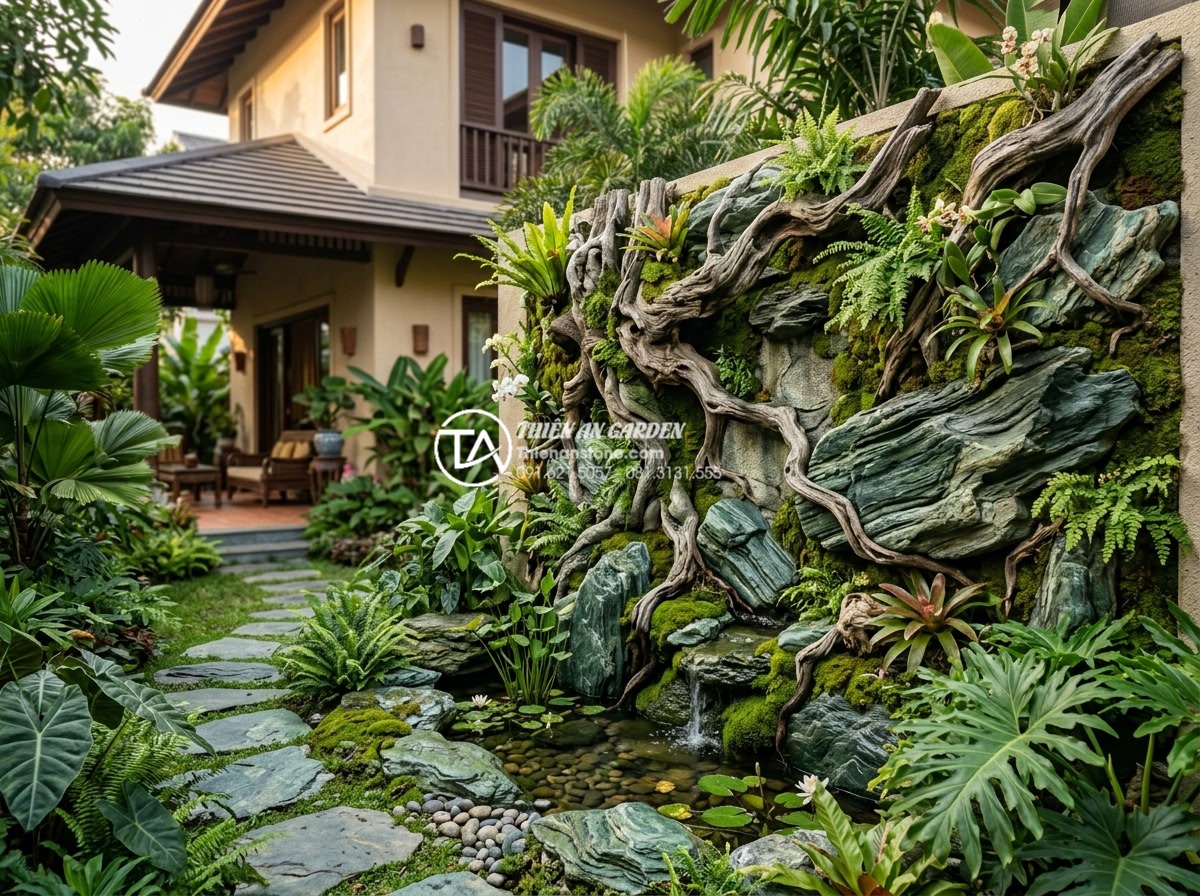 Mẫu tiểu cảnh gốc cây kết hợp tranh đá ốp tường độc đáo - Final completed project professional photograph of the finished tree root and st