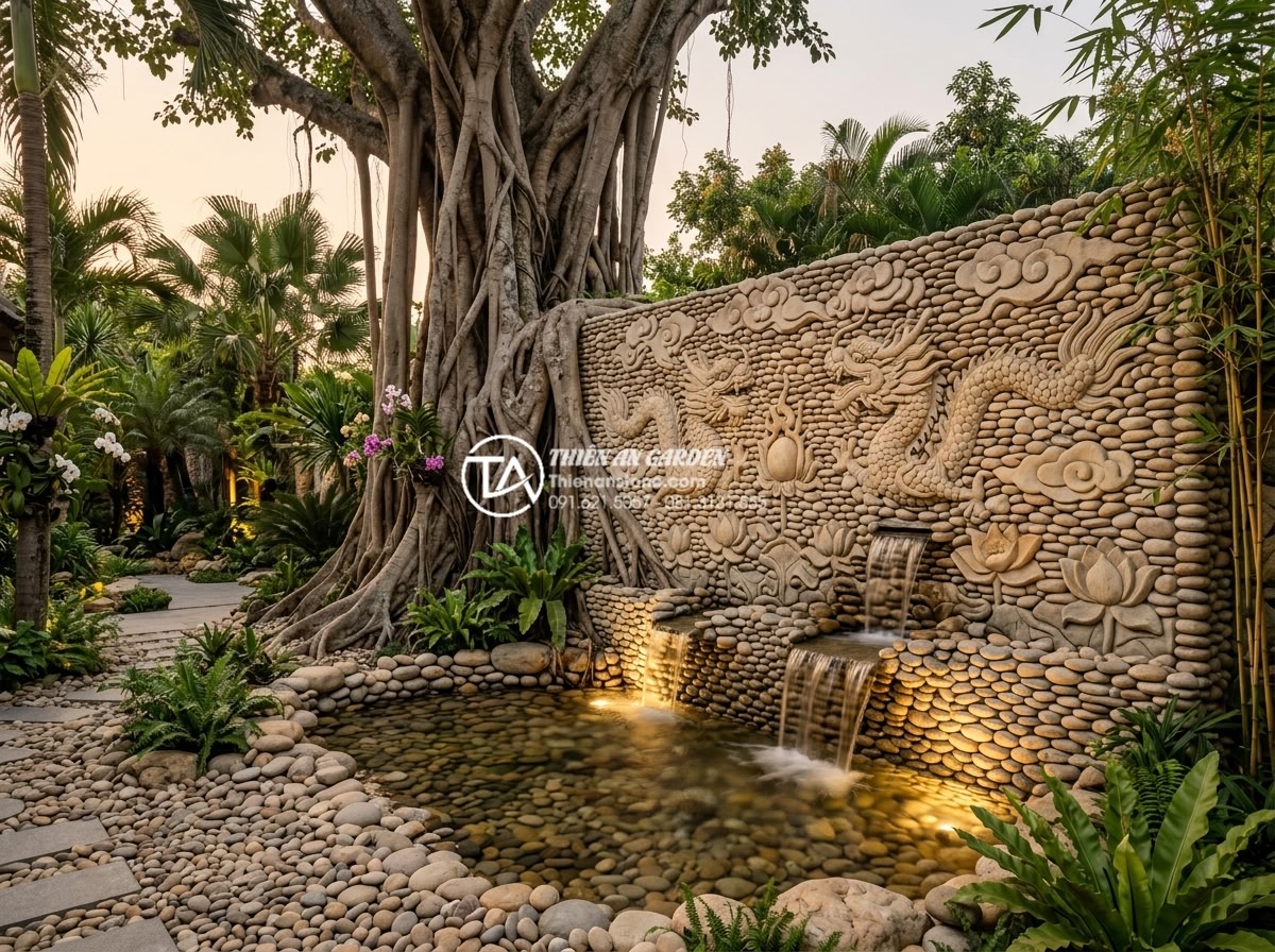 Mẫu tiểu cảnh gốc cây kết hợp tranh đá ốp tường độc đáo - Completed high-end garden project photograph featuring large scale tree root and