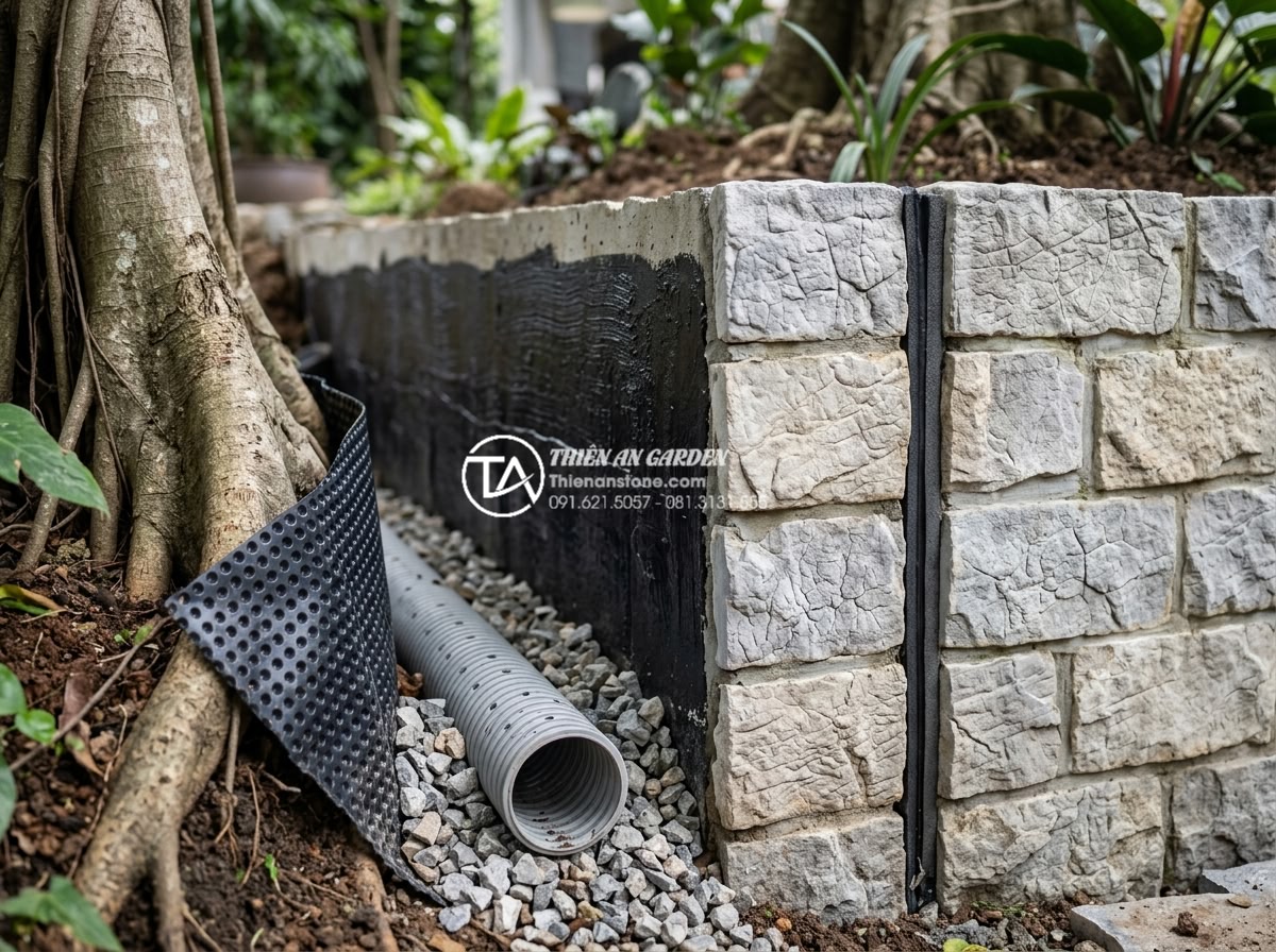 Mẫu tiểu cảnh gốc cây kết hợp tranh đá ốp tường độc đáo - Technical detail photograph showing proper installation techniques around tree r