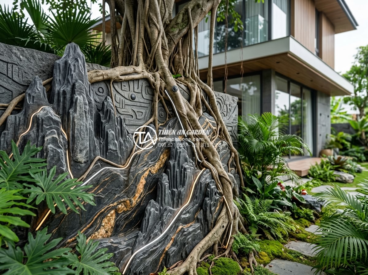 Mẫu tiểu cảnh gốc cây kết hợp tranh đá ốp tường độc đáo - Futuristic professional rendering of a 2026 smart garden concept featuring ancie