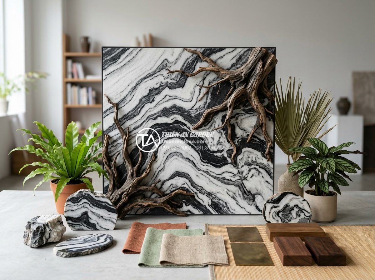 Mẫu tiểu cảnh gốc cây kết hợp tranh đá ốp tường độc đáo - Trend forecast professional photograph showing popular 2026 color palette and ma