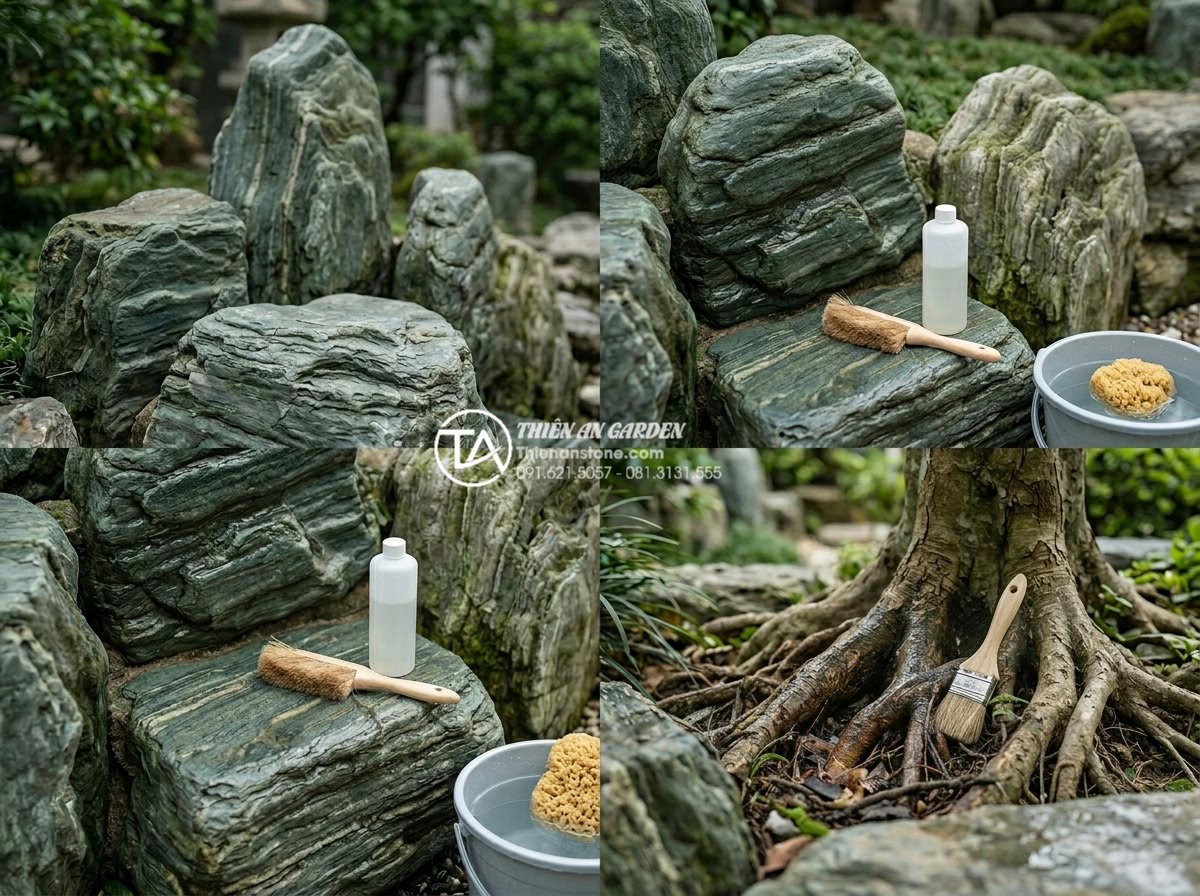 Mẫu tiểu cảnh gốc cây kết hợp tranh đá ốp tường độc đáo - Professional maintenance guide style photograph demonstrating correct cleaning t