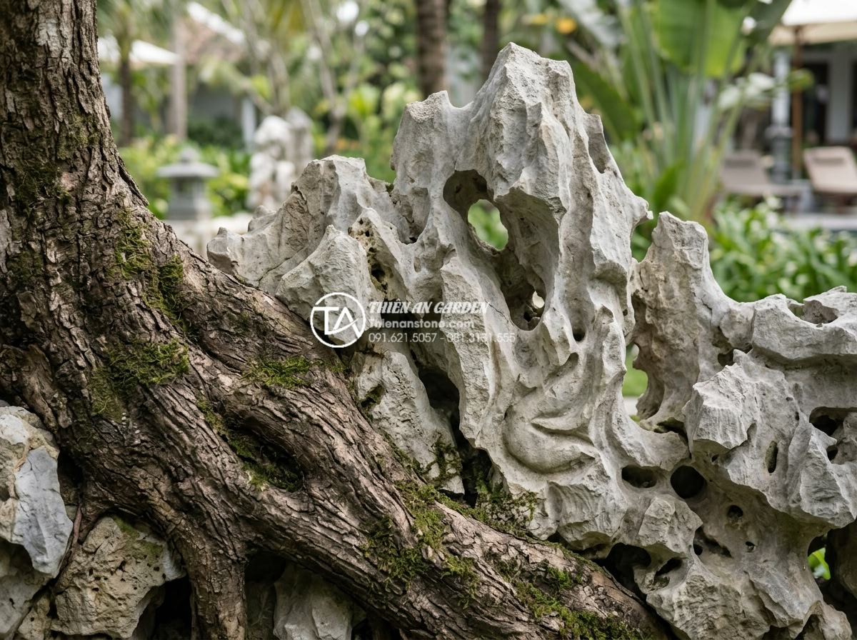 Mẫu tiểu cảnh gốc cây kết hợp tranh đá ốp tường độc đáo - Close-up high-resolution detail shot of the seamless integration between a textu