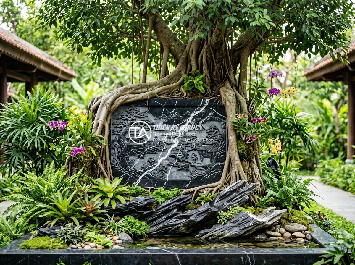 Mẫu tiểu cảnh gốc cây kết hợp tranh đá ốp tường độc đáo - Long term care professional photograph of a beautifully maintained tree root and