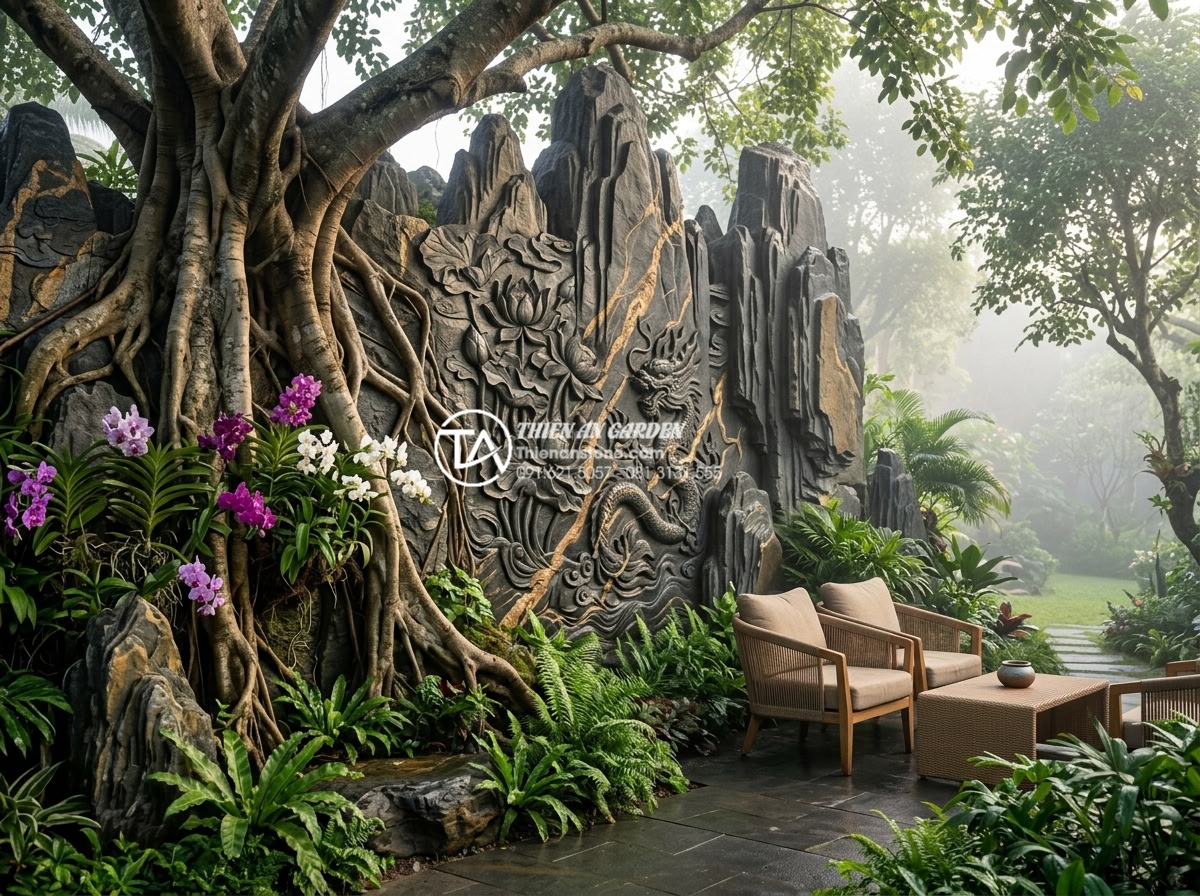 Mẫu tiểu cảnh gốc cây kết hợp tranh đá ốp tường độc đáo - Wide angle professional photograph of an elegant resort garden corner featuring 