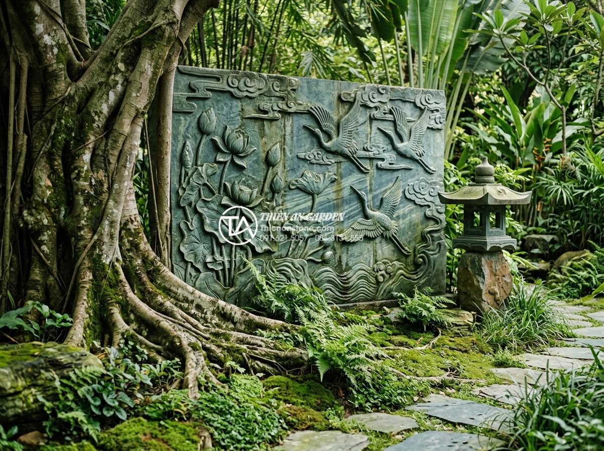 Mẫu tiểu cảnh gốc cây kết hợp tranh đá ốp tường độc đáo - Professional wide shot of a traditional Vietnamese style garden corner with anci
