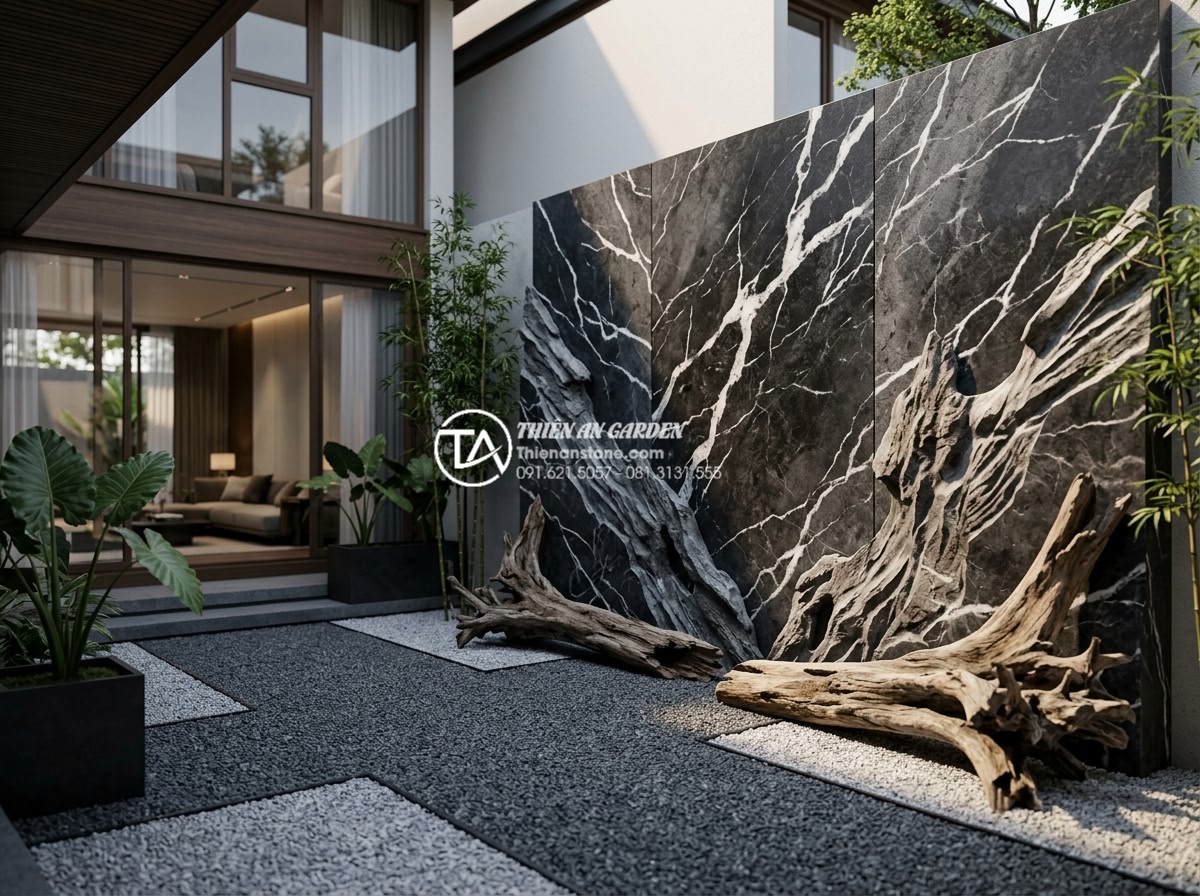 Mẫu tiểu cảnh gốc cây kết hợp tranh đá ốp tường độc đáo - Modern minimalist luxury garden photograph showing clean lines of a polished gra