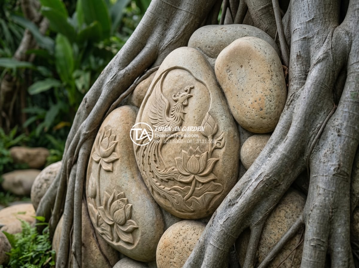 Mẫu tiểu cảnh gốc cây kết hợp tranh đá ốp tường độc đáo - Detailed professional close-up photograph of hand-carved natural stone wall art 
