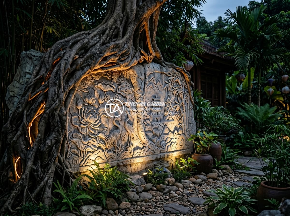 Mẫu tiểu cảnh gốc cây kết hợp tranh đá ốp tường độc đáo - High resolution photograph of a beautifully lit evening scene with tree root and