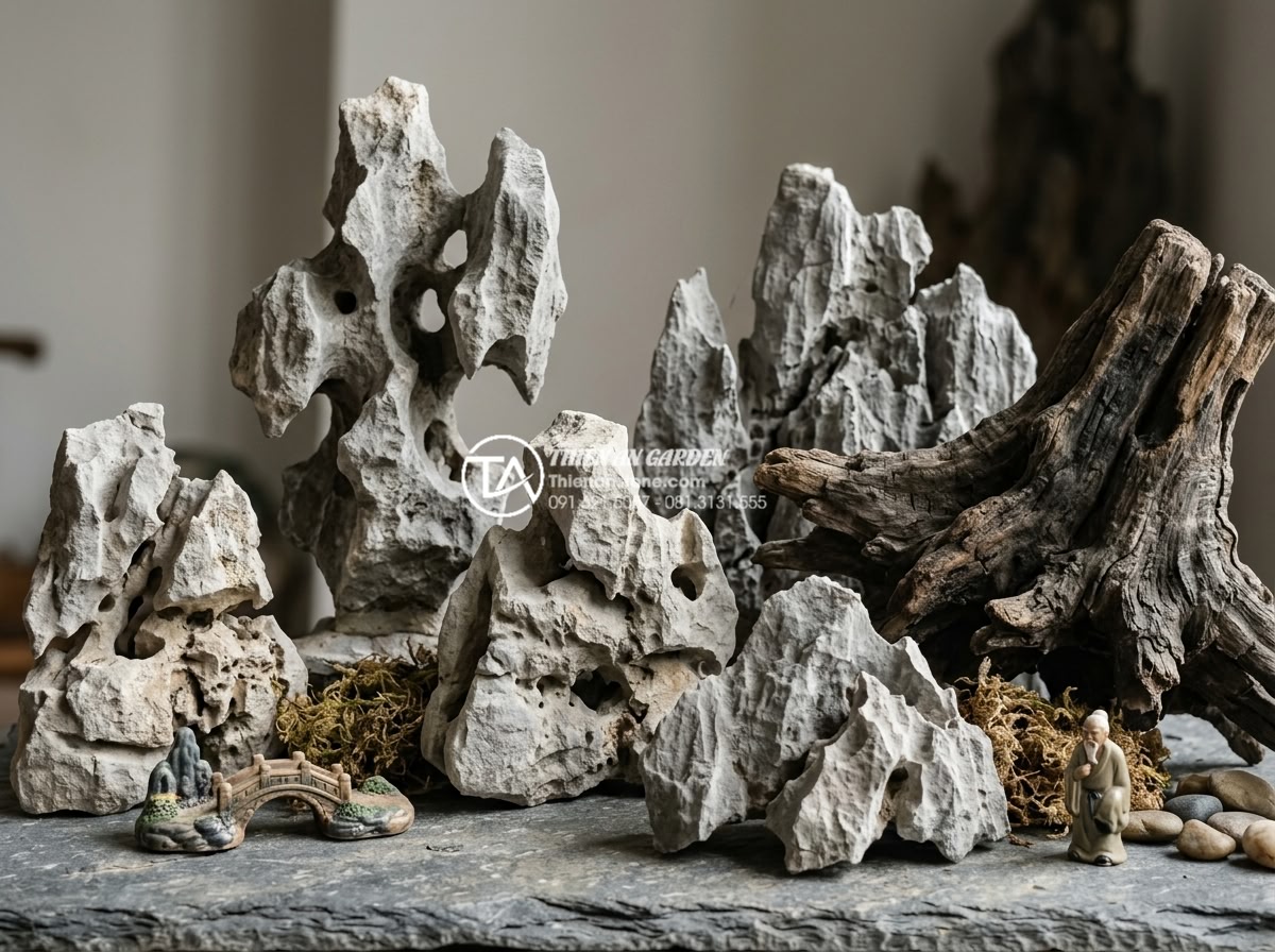 Mẫu tiểu cảnh gốc cây kết hợp tranh đá ốp tường độc đáo - Professional studio photograph of various premium natural stone samples used in 