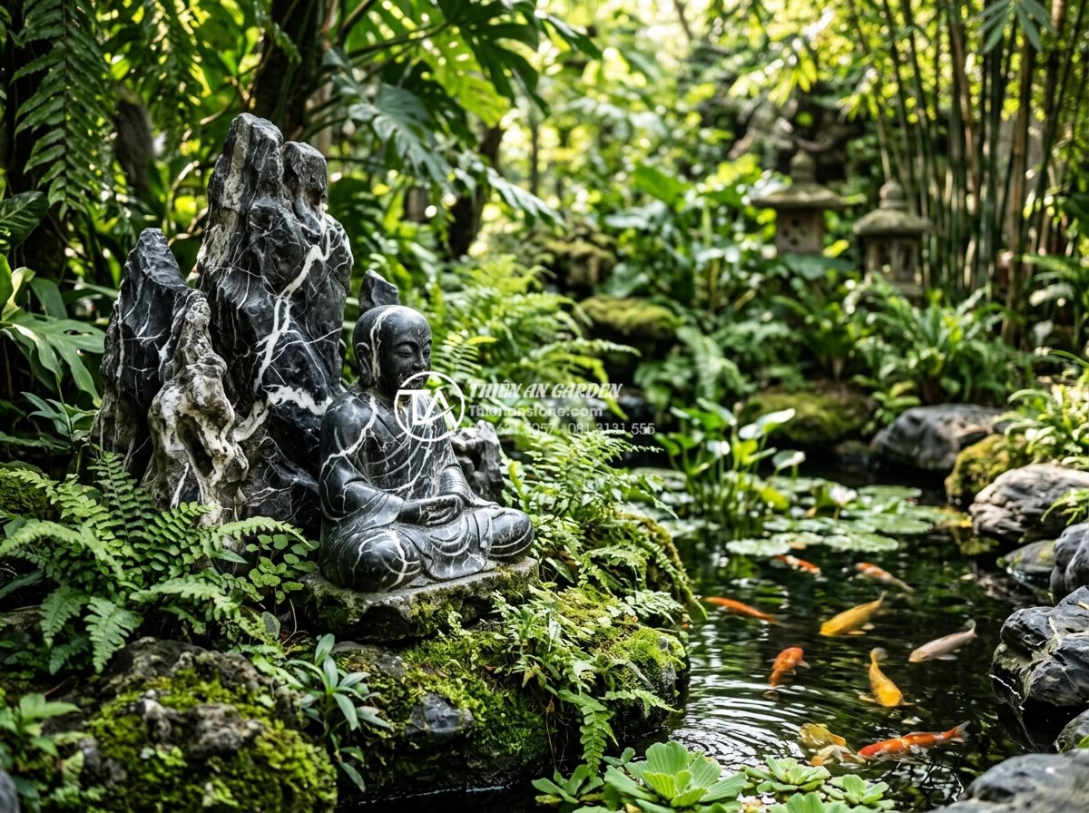 Nên chọn tiểu cảnh chú tiểu bằng đá hay bằng gốm sứ? So sánh chi tiết - Detailed view of a serene Vietnamese garden featuring a small stone monk sculptu