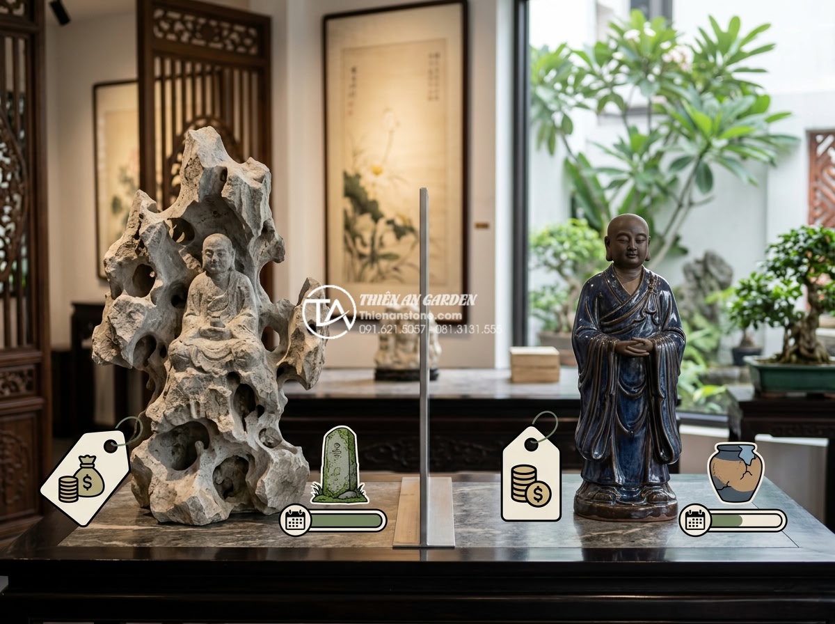 Nên chọn tiểu cảnh chú tiểu bằng đá hay bằng gốm sứ? So sánh chi tiết - Cost comparison chart visual with stone and ceramic monk statues side by side, i