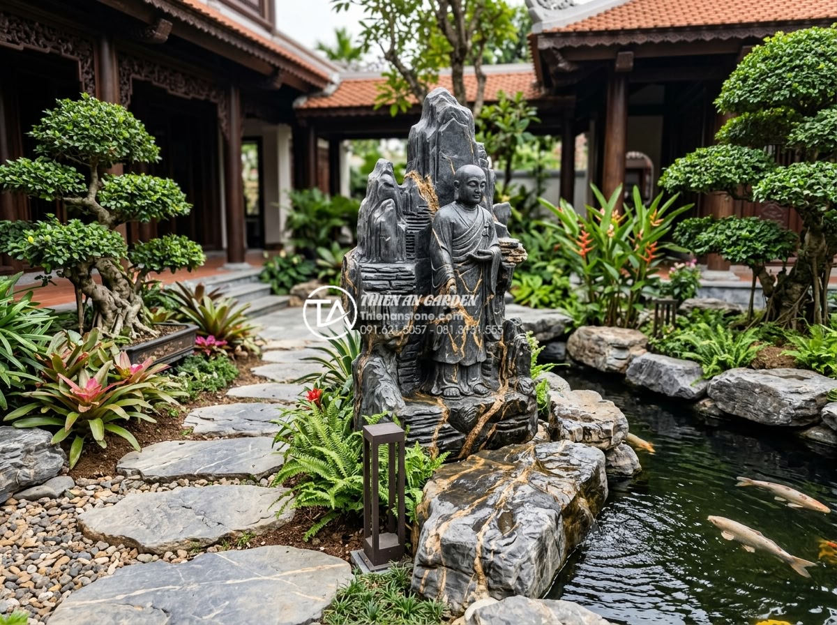 Nên chọn tiểu cảnh chú tiểu bằng đá hay bằng gốm sứ? So sánh chi tiết - Luxury villa garden with high-end natural stone monk sculpture as long-term inve