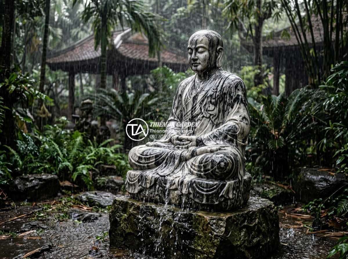 Nên chọn tiểu cảnh chú tiểu bằng đá hay bằng gốm sứ? So sánh chi tiết - Natural stone monk statue enduring heavy tropical rainstorm in outdoor garden se