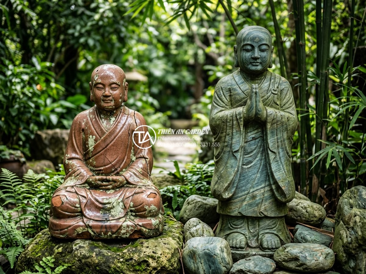 Nên chọn tiểu cảnh chú tiểu bằng đá hay bằng gốm sứ? So sánh chi tiết - Ceramic monk sculpture showing signs of weathering and cracking after exposure t