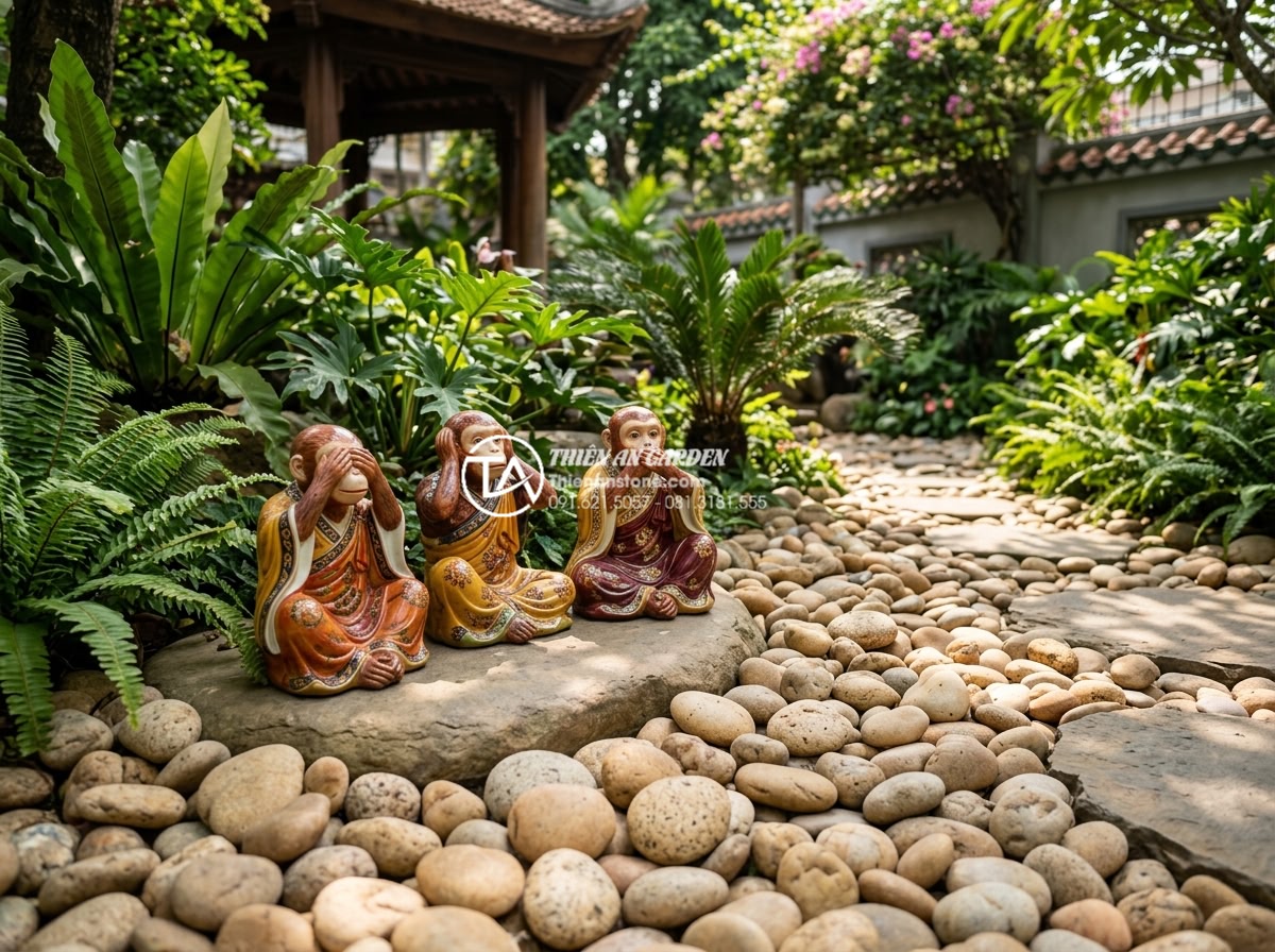 Nên chọn tiểu cảnh chú tiểu bằng đá hay bằng gốm sứ? So sánh chi tiết - Symbolic ceramic three wise monkeys monk figures in garden, colorful and detaile