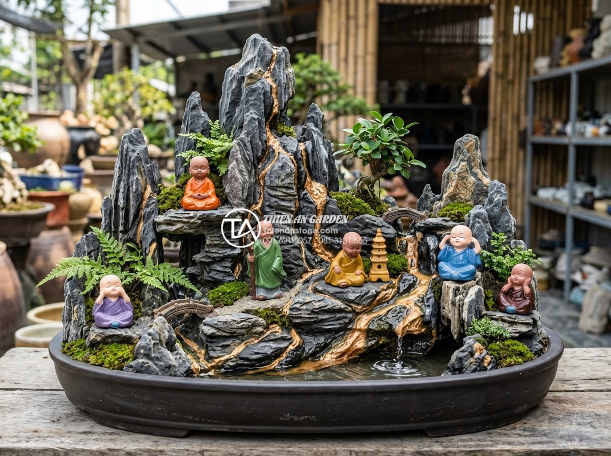 Nên chọn tiểu cảnh chú tiểu bằng đá hay bằng gốm sứ? So sánh chi tiết - Ceramic monk statue advantages shown with variety of colors and lightweight port