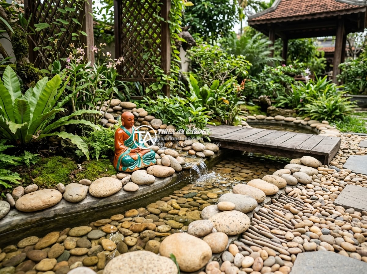 Nên chọn tiểu cảnh chú tiểu bằng đá hay bằng gốm sứ? So sánh chi tiết - Wide angle shot of traditional Vietnamese garden landscape with ceramic monk fig