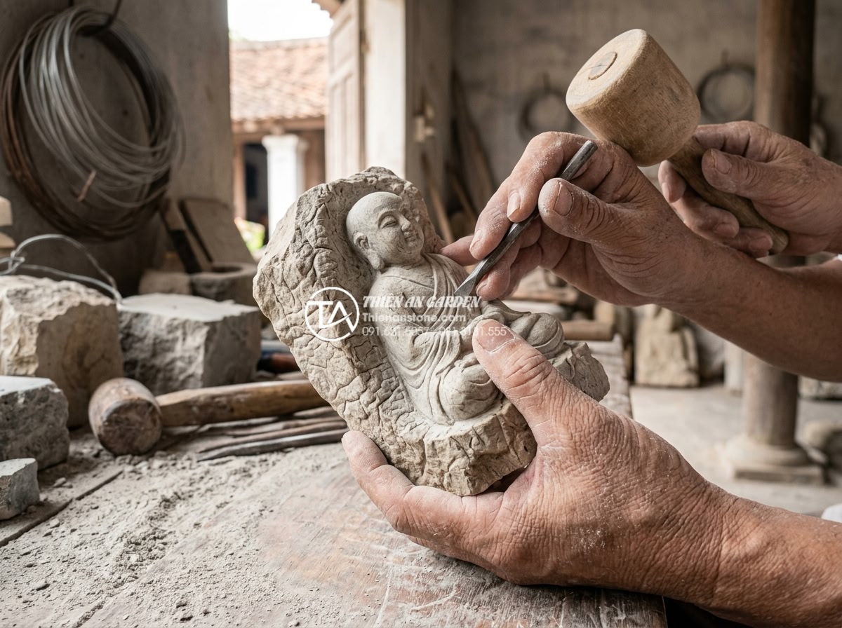 Nên chọn tiểu cảnh chú tiểu bằng đá hay bằng gốm sứ? So sánh chi tiết - Close-up of skilled artisan hand-carving a small monk statue from natural granit